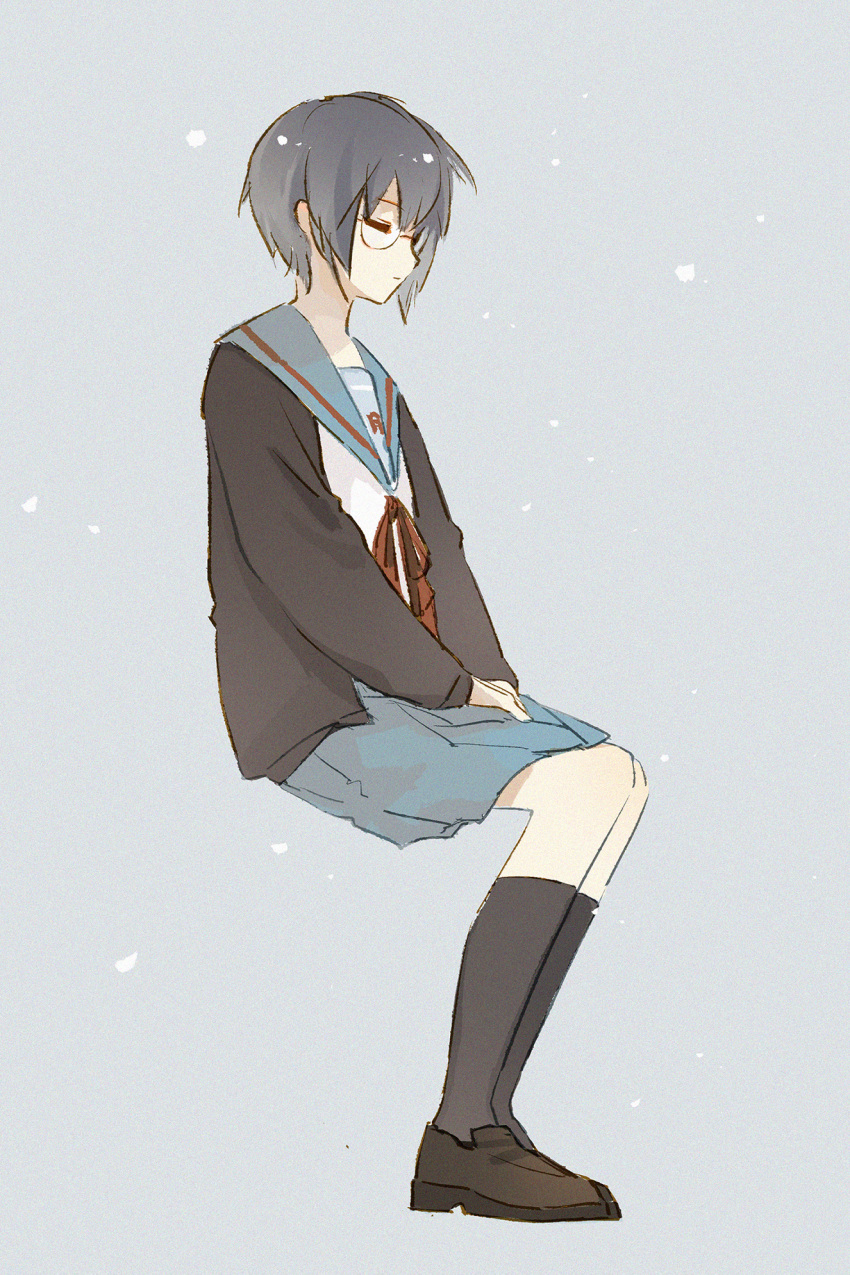 1girl, bangs, black_legwear, blue_sailor_collar, blue_skirt, brown_footwear, cardigan, closed_eyes