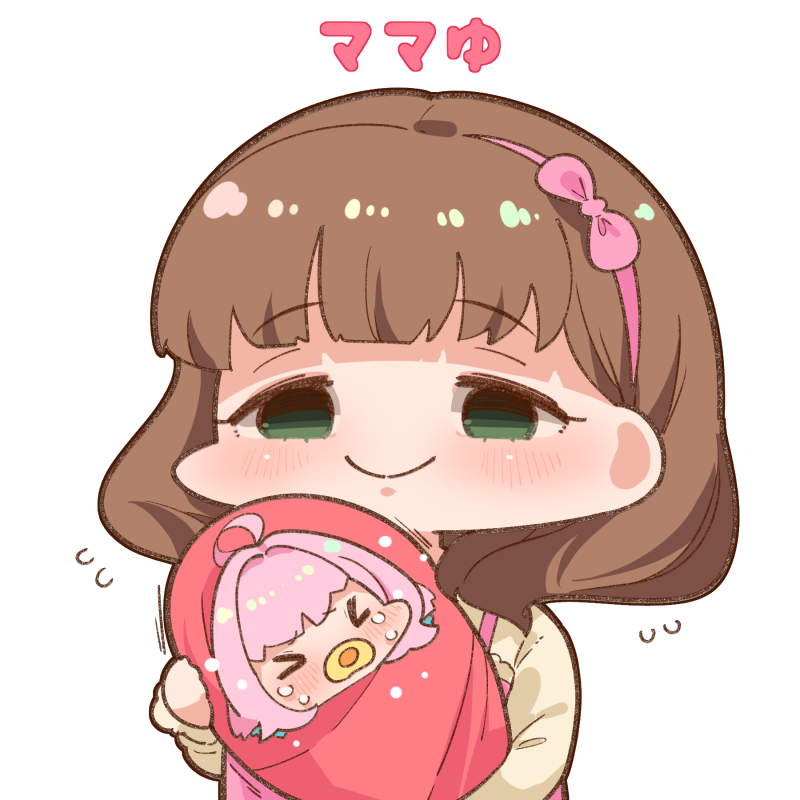 ahoge, baby, bangs, blue_hair, bow, brown_hair, chibi, closed_eyes
