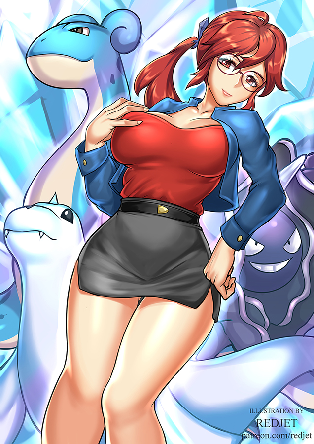 1girl, blue_jacket, breasts, cloyster, dewgong, gen_1_pokemon, giovanni_zaccaria, glasses, hair_between_eyes, hand_on_hip, hand_on_own_chest, head_tilt, ice, jacket, kanna_(pokemon), lapras, long_hair, miniskirt, pokemon, pokemon_(anime), pokemon_(creature), ponytail, skirt, smile