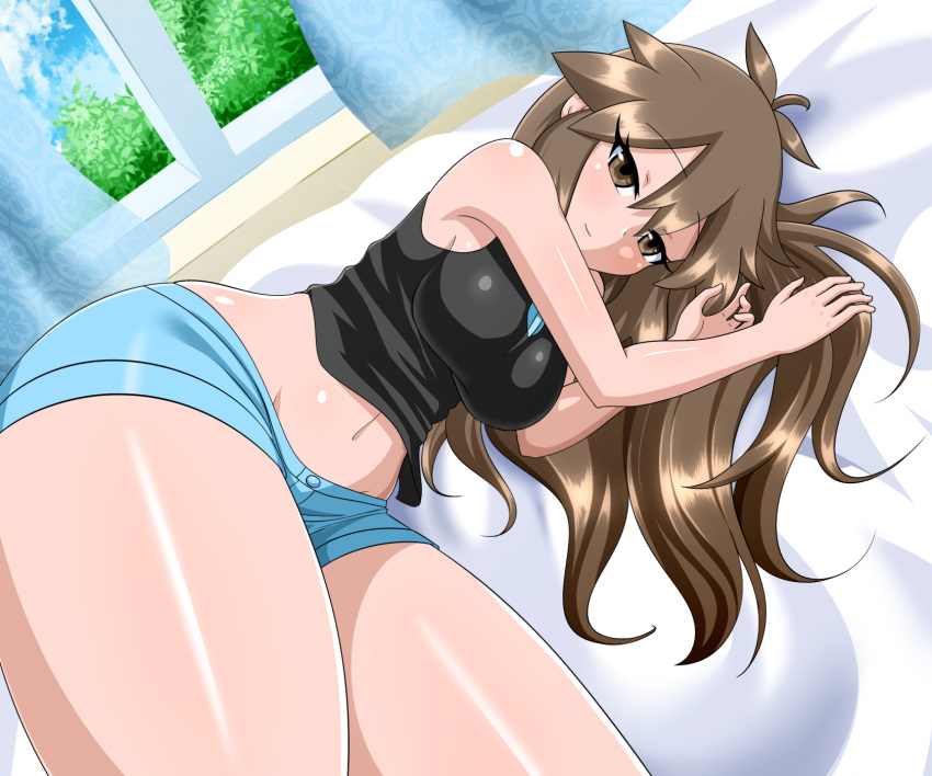 bare_arms, bare_shoulders, blue_(pokemon), blue_shorts, blush, breasts, brown_hair, curtains
