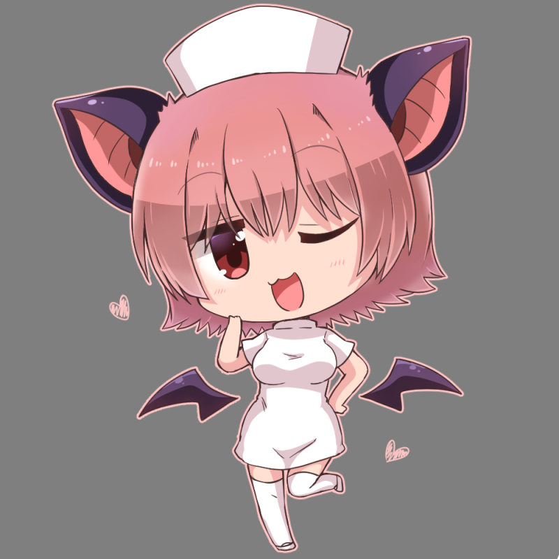 1girl, ;d, animal_ears, bangs, bat_ears, black_wings, blush, breasts