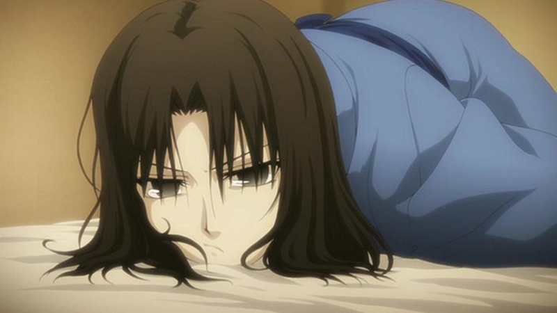 bed, bored, brown_eyes, brown_hair, cap, irisless_eyes, japanese_clothes, kara_no_kyoukai, kimono, lying, pout, ryougi_shiki, screencap, short_hair, solo, type-moon