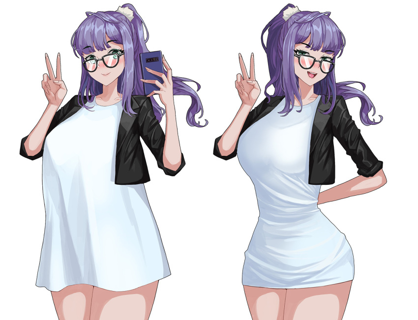 1girl, bangs, blush, breasts, cellphone, cropped_jacket, dress, drogod, eyebrows_visible_through_hair, glasses, green_eyes, holding, holding_cellphone, holding_phone, korean_commentary, large_breasts, last_origin, long_hair, looking_at_viewer, open_mouth, pajamas_challenge, phone, ponytail, purple_hair, short_dress, sidelocks, simple_background, smartphone, smile, t-9_gremlin, v, white_background
