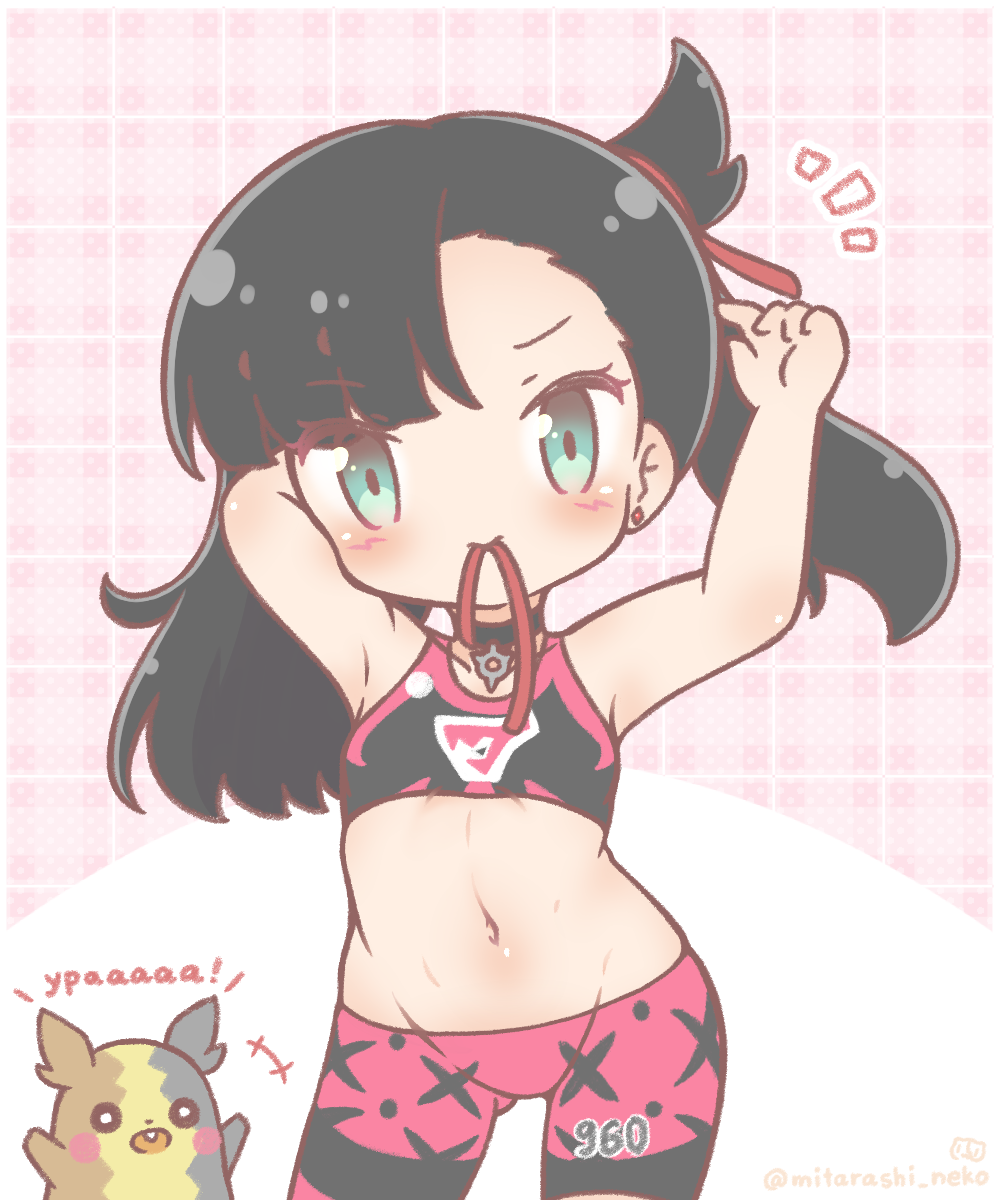 1girl, adjusting_hair, arm_behind_head, armpits, arms_up, ass_visible_through_thighs, asymmetrical_bangs, asymmetrical_hair