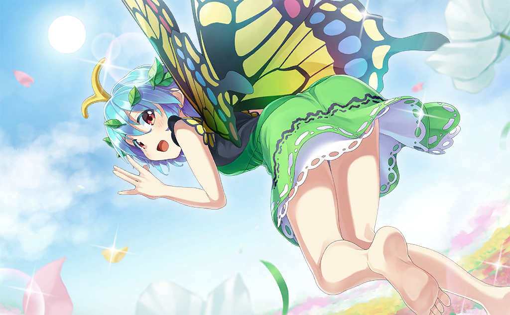 1girl, antennae, artist_request, ass, bare_arms, bare_legs, bare_shoulders, barefoot