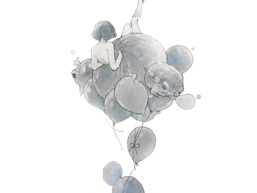 1girl, animal, balloon, bare_back, dress, from_behind, highres, ogura_mao