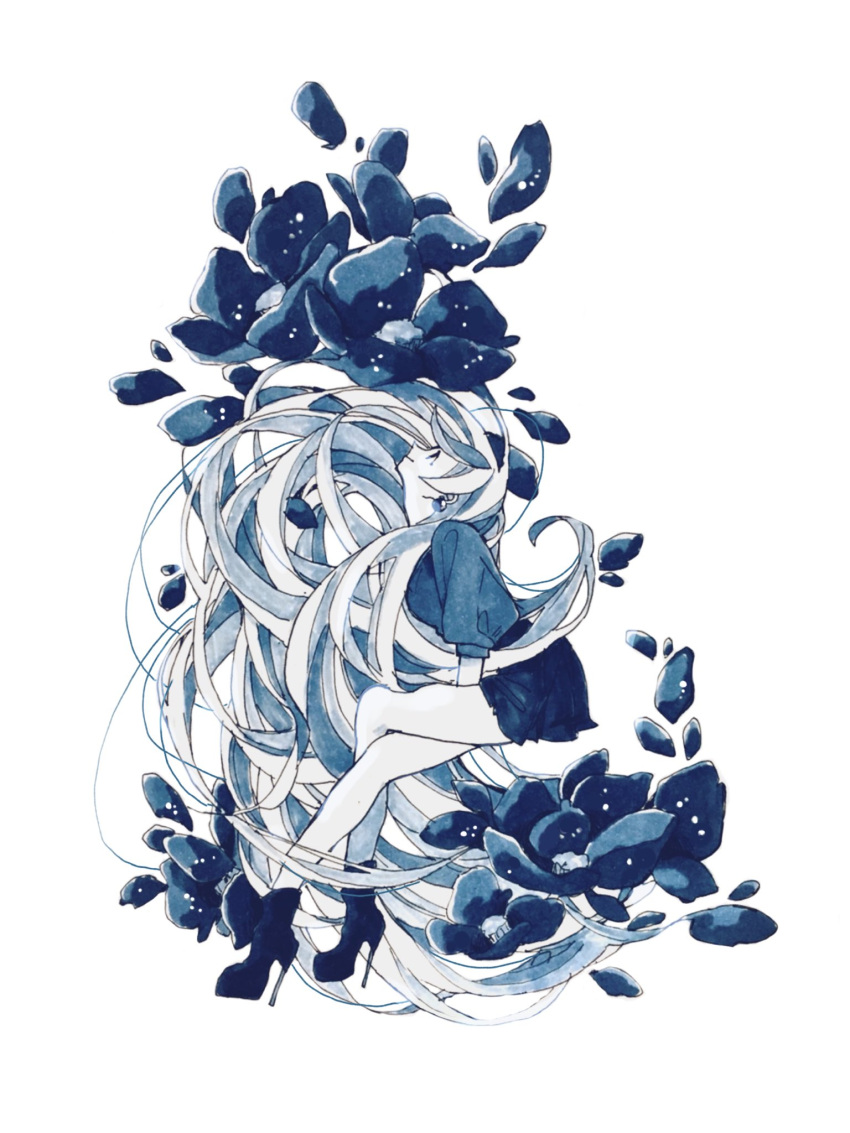1girl, between_legs, crossed_legs, earrings, floating_hair, flower, from_side, hand_between_legs