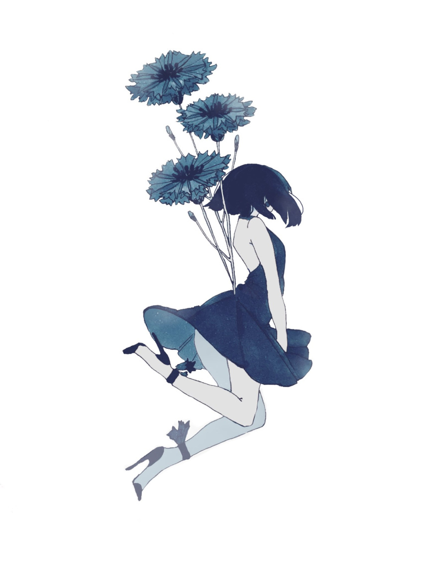 1girl, commentary_request, dress, earrings, facing_away, floating_hair, flower, from_side