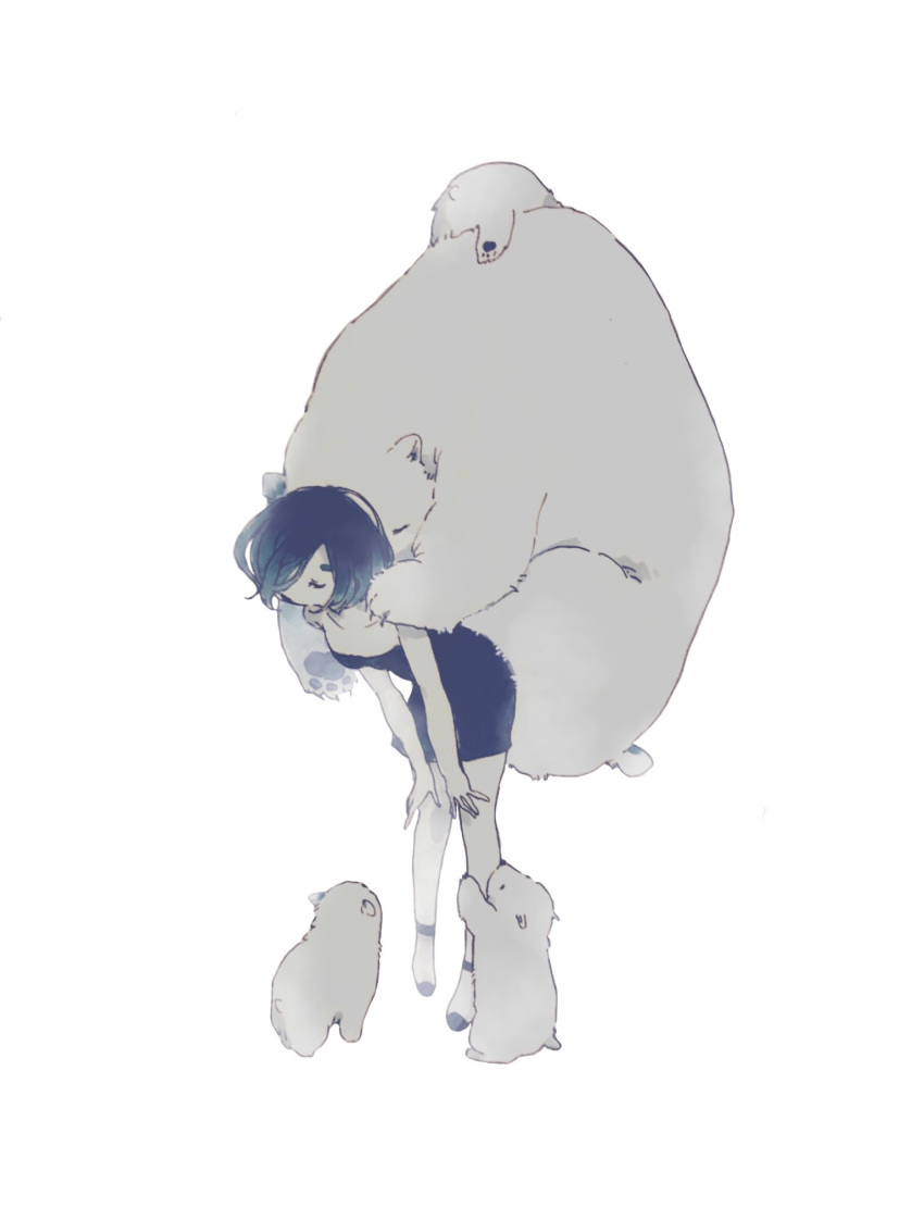 1girl, animal, animal_on_back, ankle_strap, bear, black_dress, closed_eyes, cocktail_dress