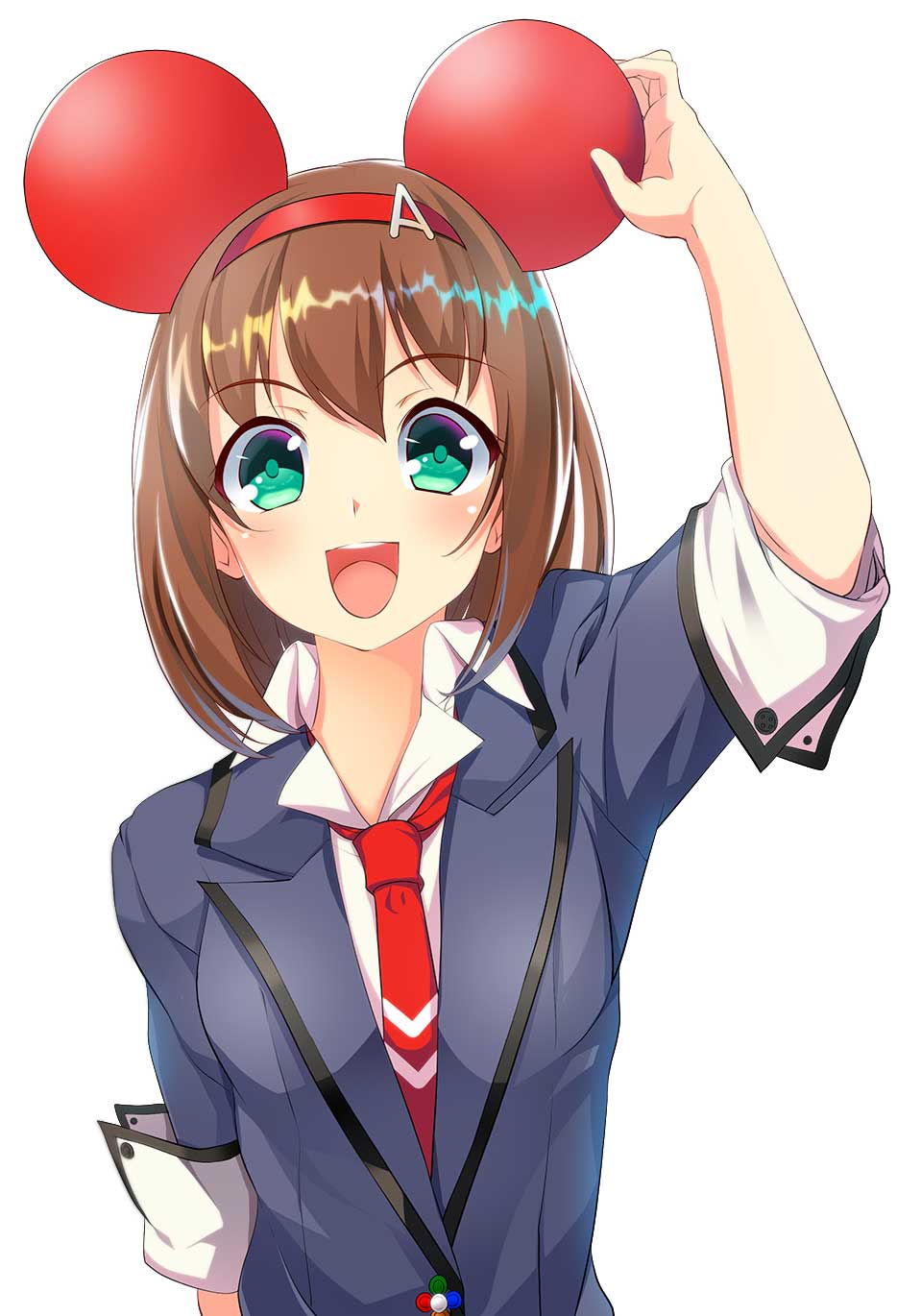 1girl, advantiar, animal_ears, arm_up, blush, brown_hair, eyebrows_visible_through_hair, fake_animal_ears