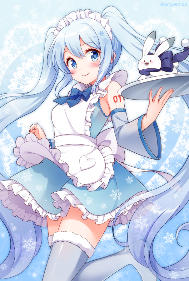 1girl, apron, blue_eyes, blush, commentary, cowboy_shot, dress, frilled_apron