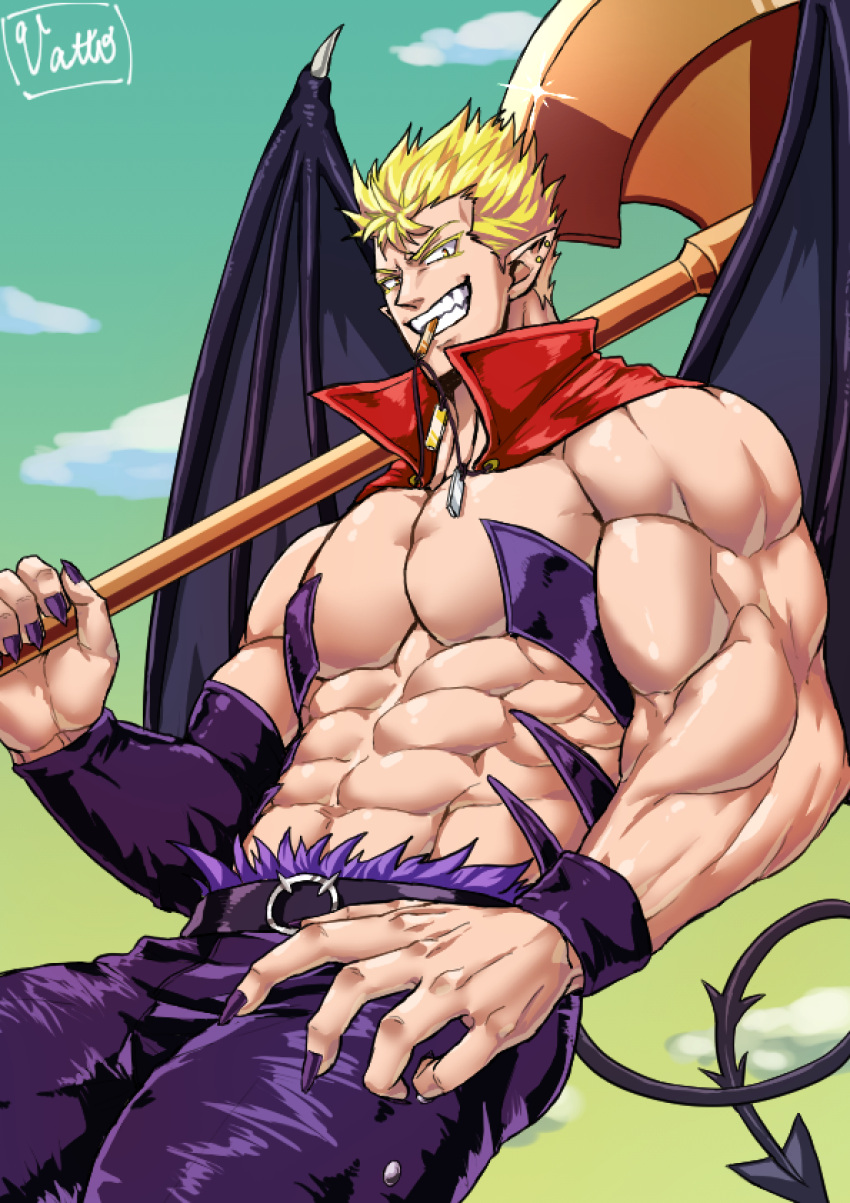 1boy, artist_name, axe, blonde_hair, demon_boy, demon_tail, ear_piercing, glint
