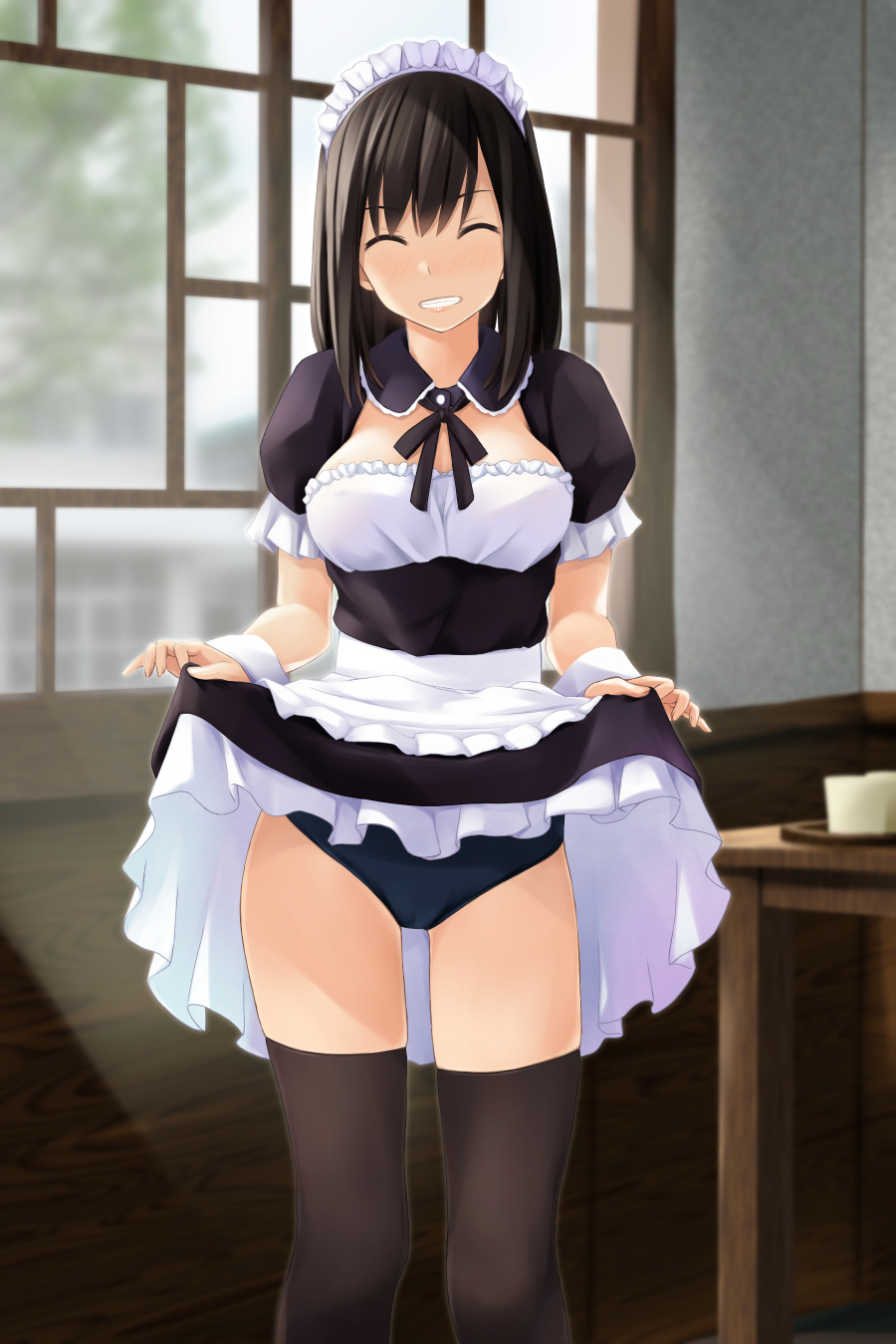 1girl, ^_^, alternate_costume, apron, bangs, black_buruma, black_dress, black_hair