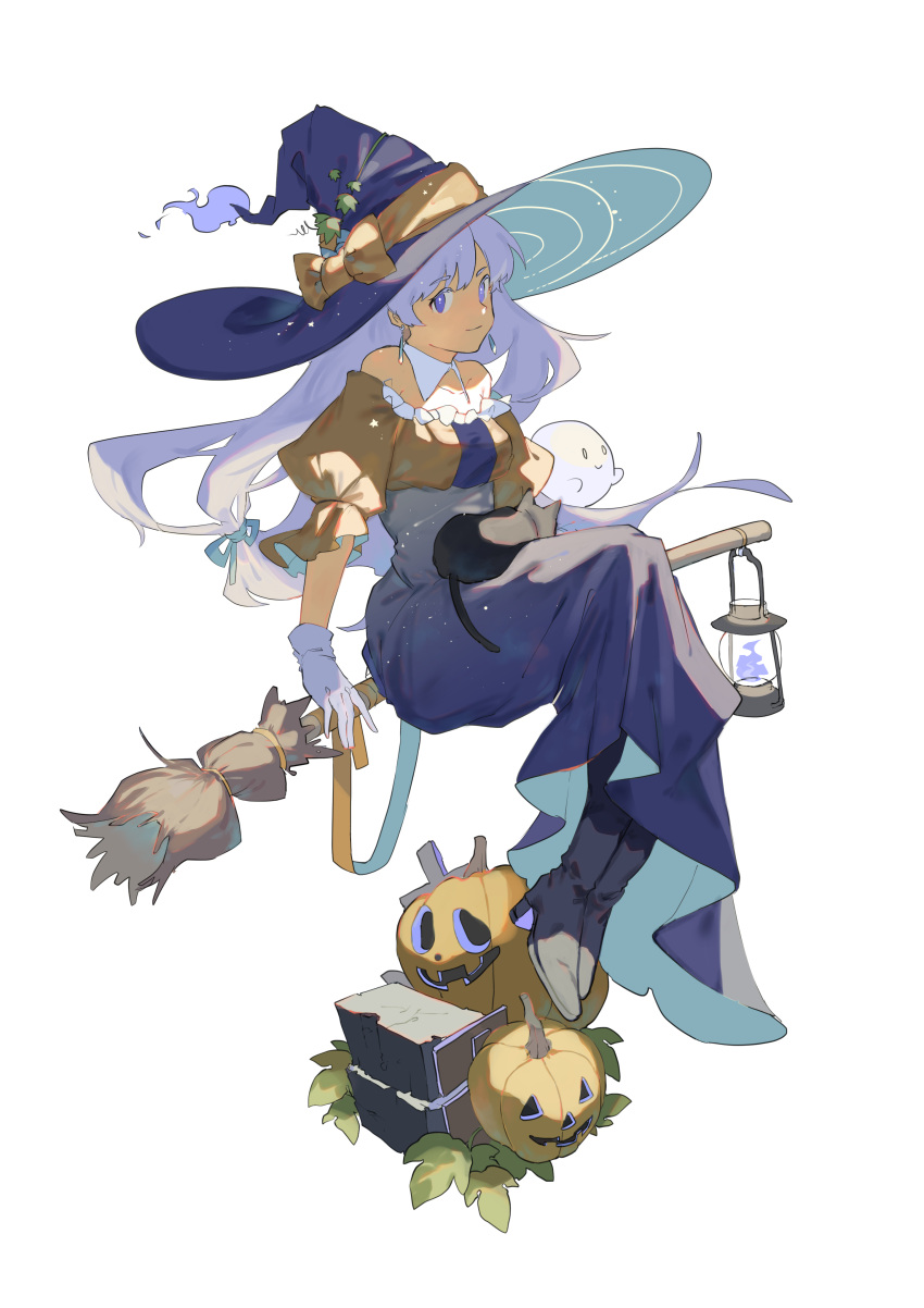 1girl, absurdres, animal, animal_on_lap, bare_shoulders, black_cat, black_footwear, blue_dress, blue_eyes, blue_headwear, boots, bow, broom, broom_riding, cat, cat_on_lap, closed_mouth, dress, earrings, eyebrows_visible_through_hair, fire, frills, ghost, gloves, hat, high_heels, highres, jack-o'-lantern, jewelry, kakuremino_(mnt55), knee_boots, lantern, large_hat, long_dress, long_hair, orange_bow, original, puffy_sleeves, pumpkin, purple_fire, simple_background, smile, solo, white_background, white_gloves, white_hair, witch, witch_hat