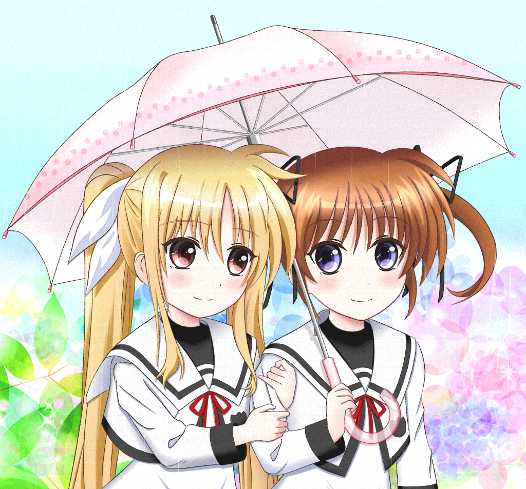 ai_ai_gasa, black_ribbon, blonde_hair, blush, brown_hair, couple, fate_testarossa, flower, hair_ornament, hair_ribbon, hand_on_another's_arm, happy, leaf, long_hair, lyrical_nanoha, mahou_shoujo_lyrical_nanoha, mahou_shoujo_lyrical_nanoha_a's, red_eyes, ribbon, school_uniform, shimmy_(2464530), short_twintails, smile, takamachi_nanoha, twintails, umbrella, uniform, violet_eyes, white_ribbon, yuri