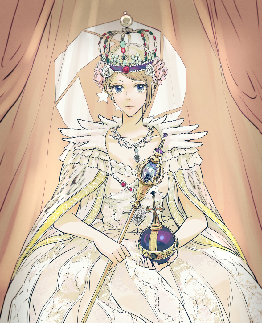 1girl, ace_combat_7, asymmetrical_bangs, bangs, bare_arms, blonde_hair, blue_eyes, braid, cape, closed_mouth, collarbone, crown, crown_braid, diamond_(gemstone), dress, earrings, embroidery, eyelashes, fingernails, flag, flag_background, flower, frills, fur_cape, gem, globus_cruciger, gold_trim, gown, hair_flower, hair_ornament, hands_on_lap, highres, holding, holding_scepter, jewelry, lace, long_hair, looking_at_viewer, necklace, orb, parted_bangs, pearl_necklace, princess, rosa_cossette_d'elise, royal, ruby_(gemstone), sapphire_(gemstone), scepter, sitting, solo, takato15_c, white_dress