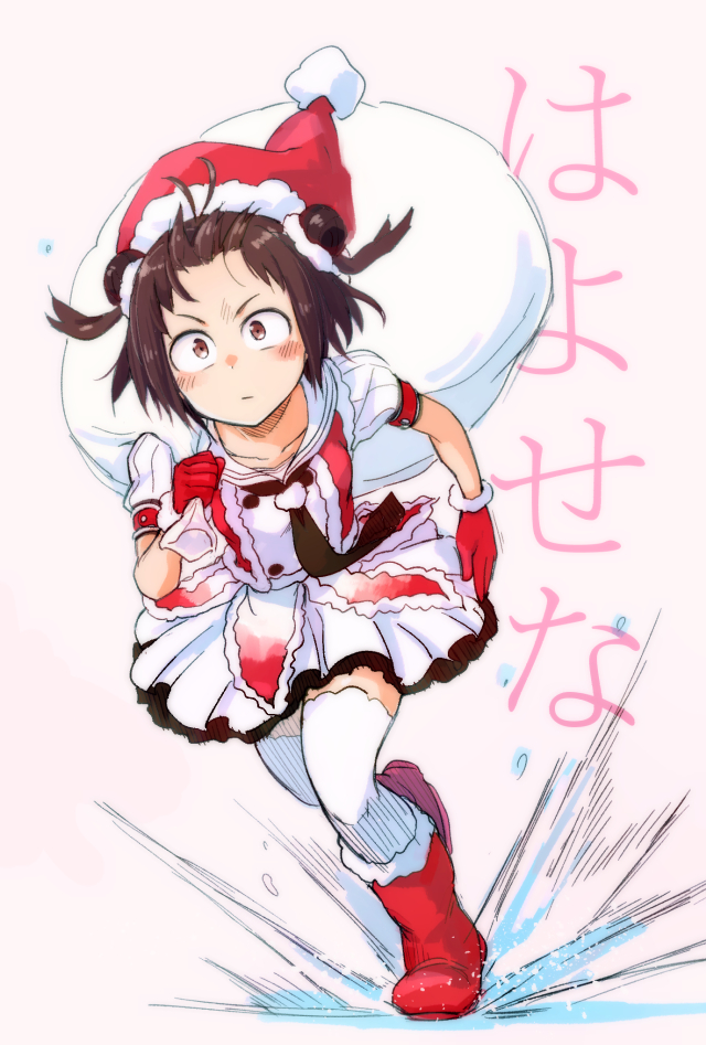 1girl, antenna_hair, background_text, blush, boots, brown_eyes, brown_hair, christmas