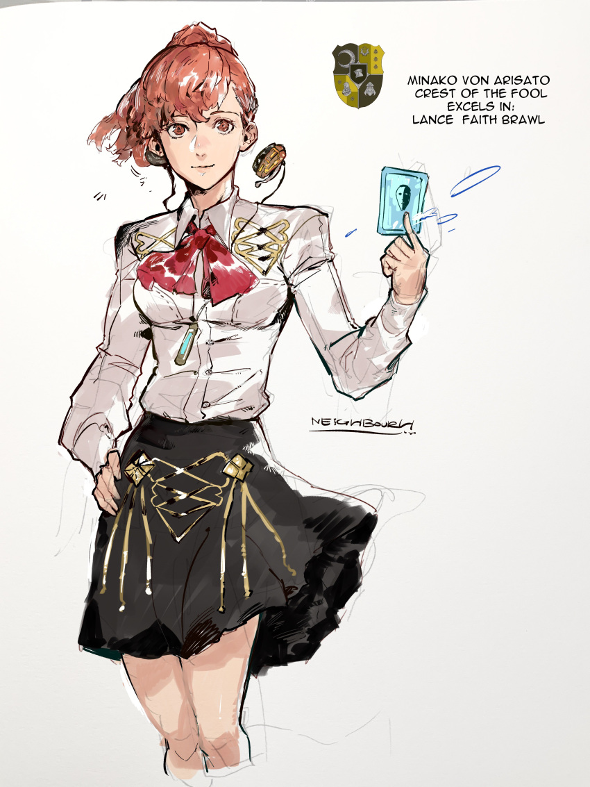 1girl, absurdres, atlus, brown_hair, card, character_name, cowboy_shot, digital_media_player