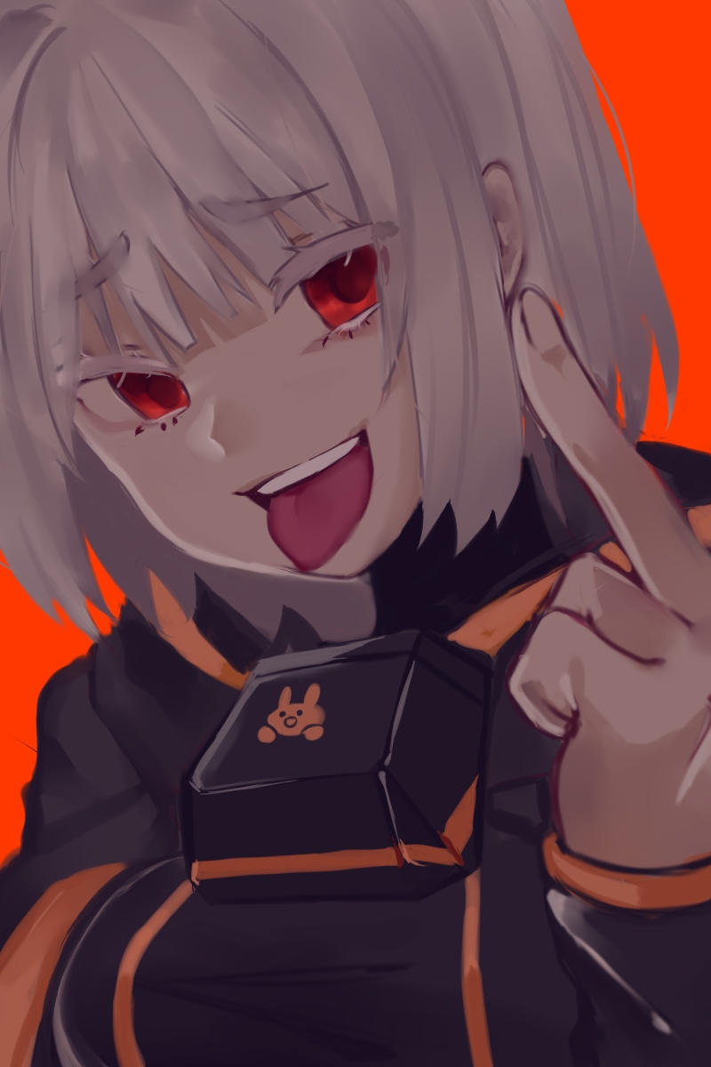 1girl, :d, bangs, colored_eyelashes, eyebrows_visible_through_hair, furrowed_eyebrows, hand_up, highres, honshi, lobotomy_corporation, long_sleeves, middle_finger, myo_(lobotomy_corporation), open_mouth, orange_background, rabbit_team, red_eyes, short_hair, simple_background, sleeves_past_wrists, smile, solo, teeth, tongue, tongue_out, upper_body, white_hair