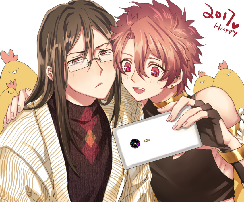 2boys, alexander_(fate/grand_order), arm_around_shoulder, bird, black_hair, blush, bored, brown_eyes