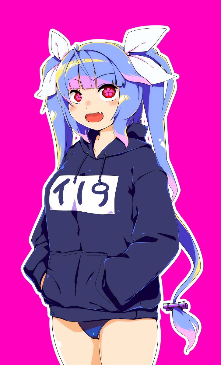 1girl, blue_hair, blue_jacket, blue_swimsuit, commentary_request, cowboy_shot, fang, flower-shaped_pupils