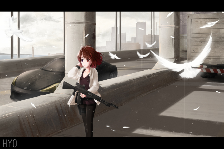 1girl, absurdres, an-94, artist_name, assault_rifle, belt, bird, black_pants