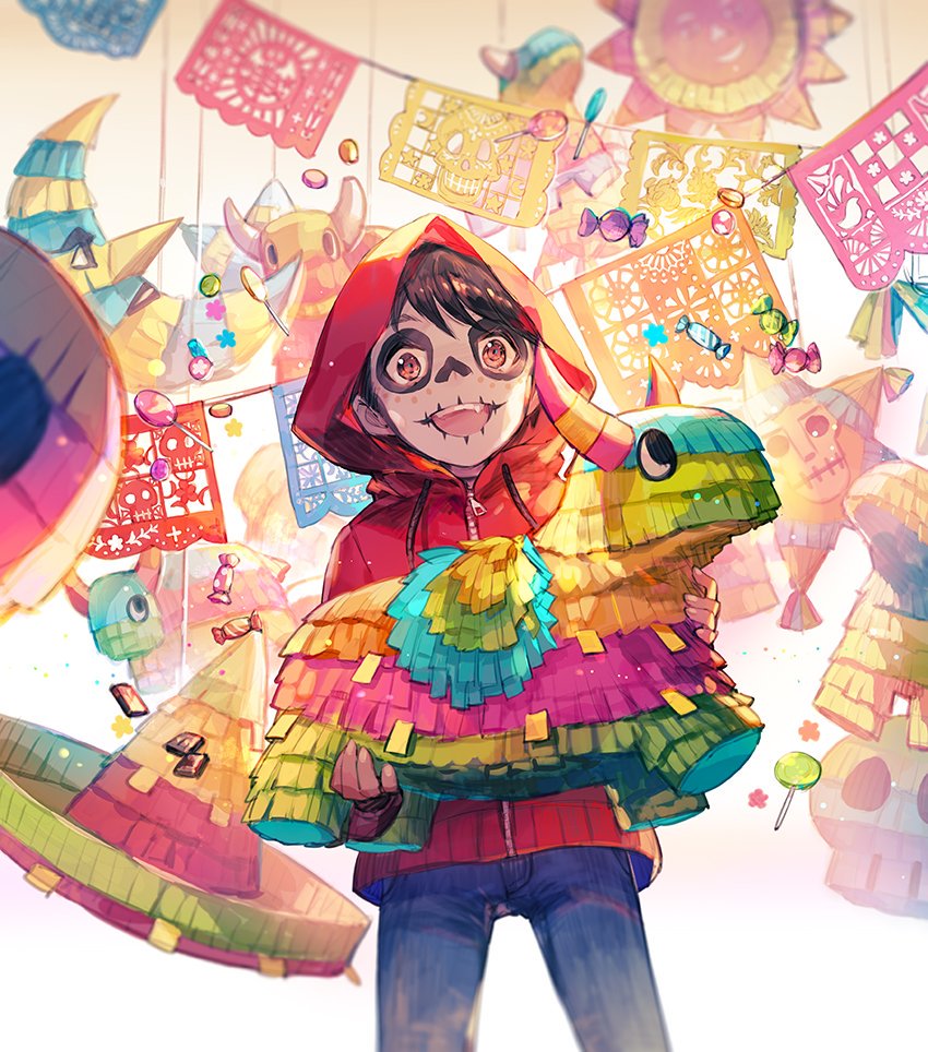 1boy, artist_request, black_hair, brown_eyes, candy, child, coco_(disney), dark_skin