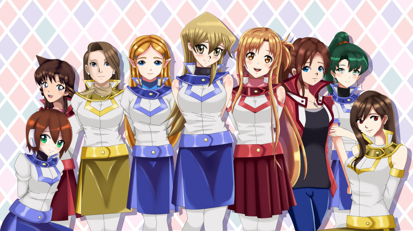 6+girls, ace_attorney, aile, arms_behind_back, asuna_(sao), ayasato_chihiro, blonde_hair, blue_eyes