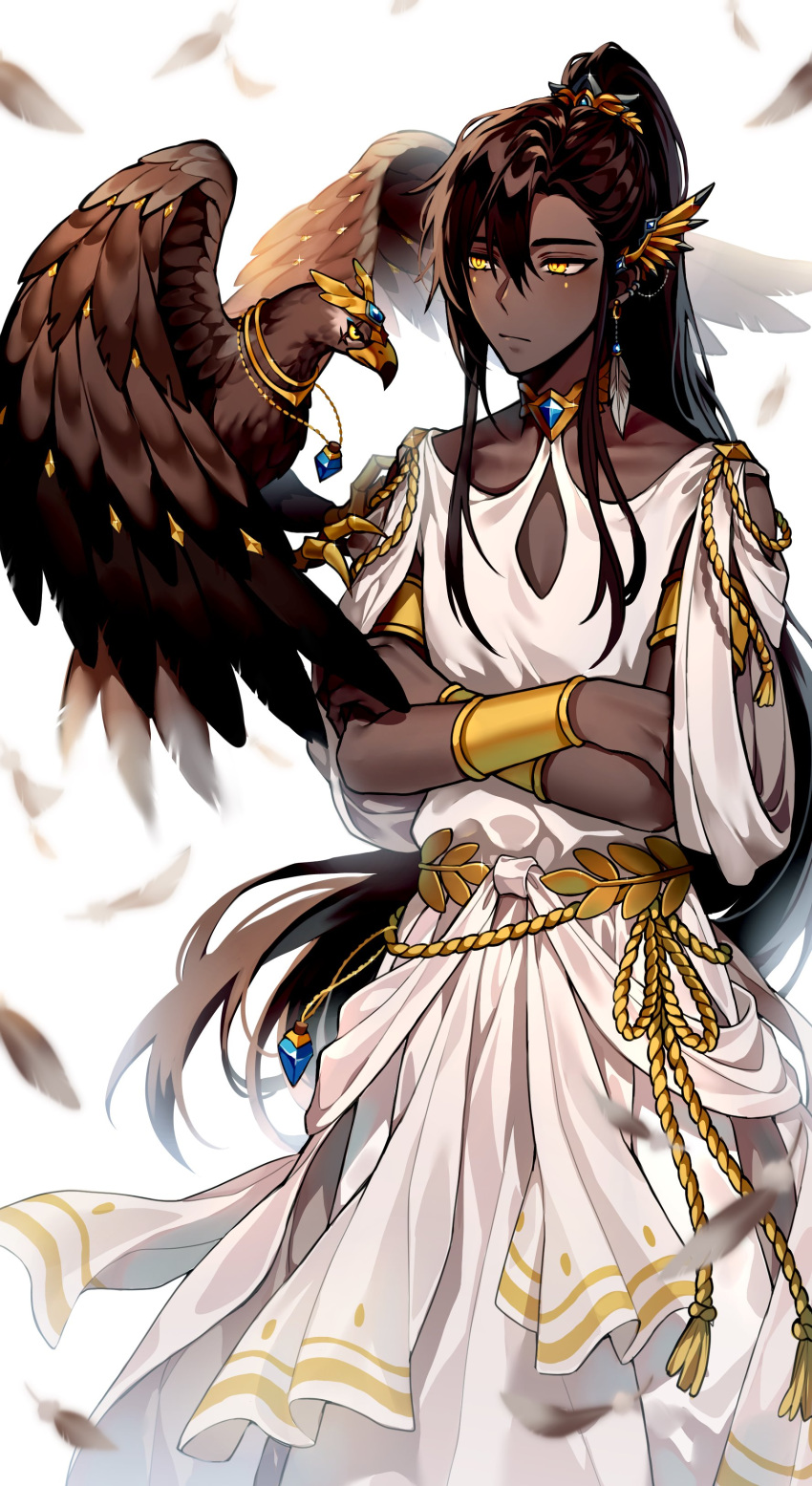 1boy, absurdres, arabian_clothes, bird, bracelet, brown_feathers, brown_hair, closed_mouth