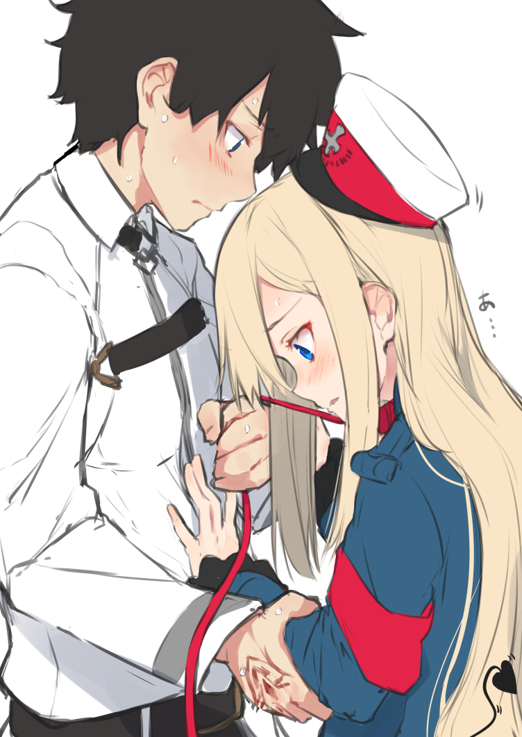 1boy, 1girl, bangs, black_hair, blonde_hair, blue_eyes, blue_jacket, blush