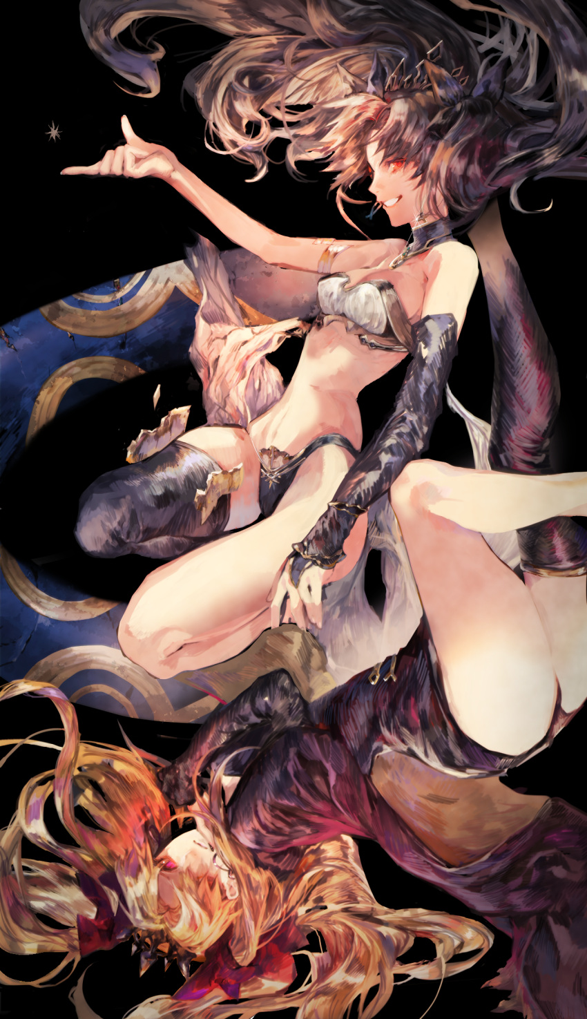 2girls, armlet, asymmetrical_legwear, asymmetrical_sleeves, bangs, black_background, black_bikini_bottom, black_dress