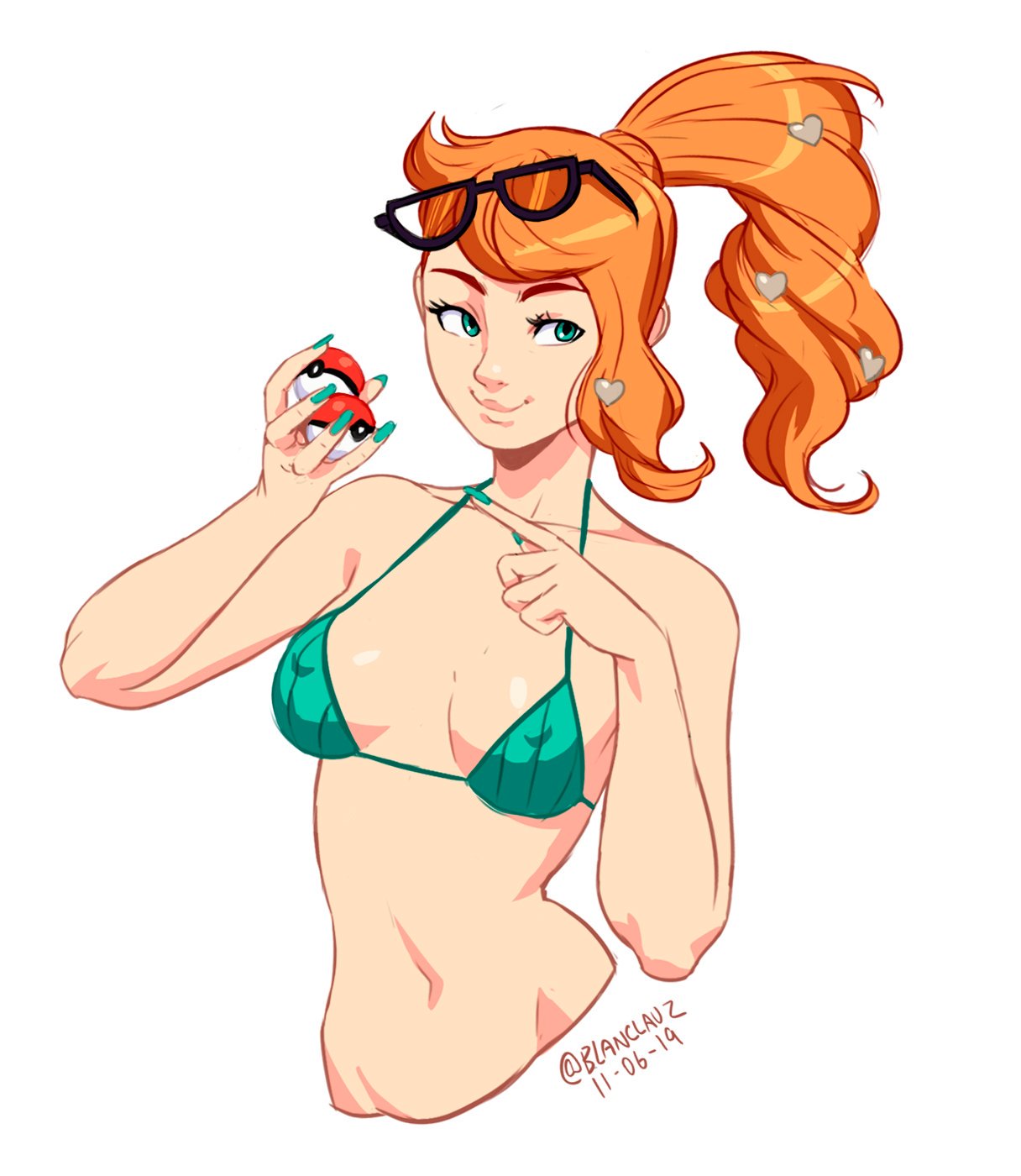 1girl, bikini, breasts, covered_nipples, eyewear_on_head, fingernails, green_bikini, green_eyes