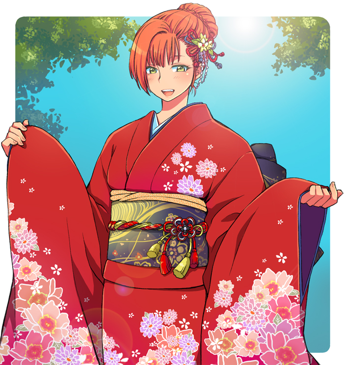 1girl, 2020, alternate_hairstyle, asymmetrical_hair, black_bow, blue_sky, blush, bow, commentary_request, day, eroe, floral_print, genderswap, genderswap_(mtf), green_eyes, hair_bun, igarashi_kyou_(eroe), japanese_clothes, kimono, new_year, obi, orange_hair, original, red_kimono, sash, short_hair, sky, sleeves_past_wrists, smile, solo, standing, updo, wide_sleeves