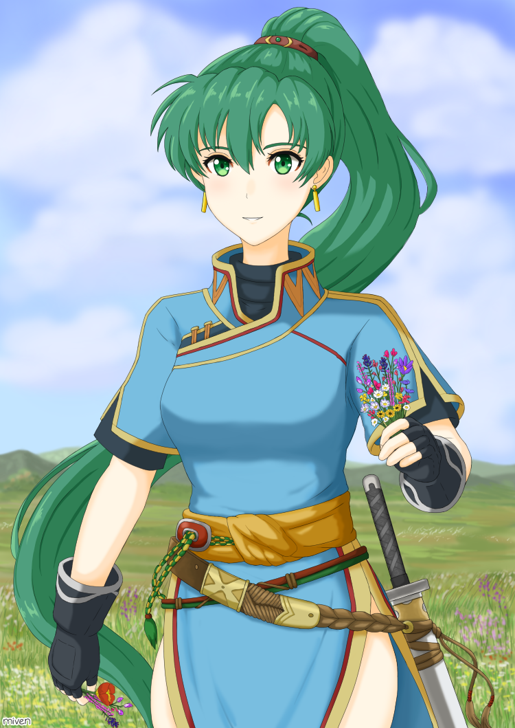 1girl, blue_dress, clouds, cute, dress, earrings, fingerless_gloves, fire_emblem, fire_emblem:_rekka_no_ken, fire_emblem:_the_blazing_blade, fire_emblem_7, fire_emblem_blazing_sword, flower, gloves, grass, green_eyes, green_hair, hill, holding, holding_flower, intelligent_systems, jewelry, katana, long_hair, looking_at_viewer, lyn_(fire_emblem), miven, nintendo, pelvic_curtain, ponytail, rope_belt, sash, smile, spring_(season), sword, very_long_hair, weapon