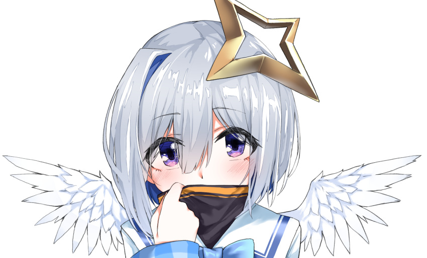 1girl, amane_kanata, angel_wings, blush, covered_mouth, hair_between_eyes, hair_ornament, highres