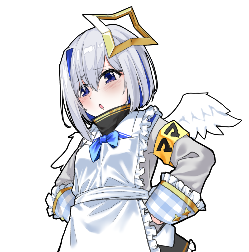1girl, amane_kanata, angel_wings, apron, armband, arms_at_sides, blue_eyes, blush