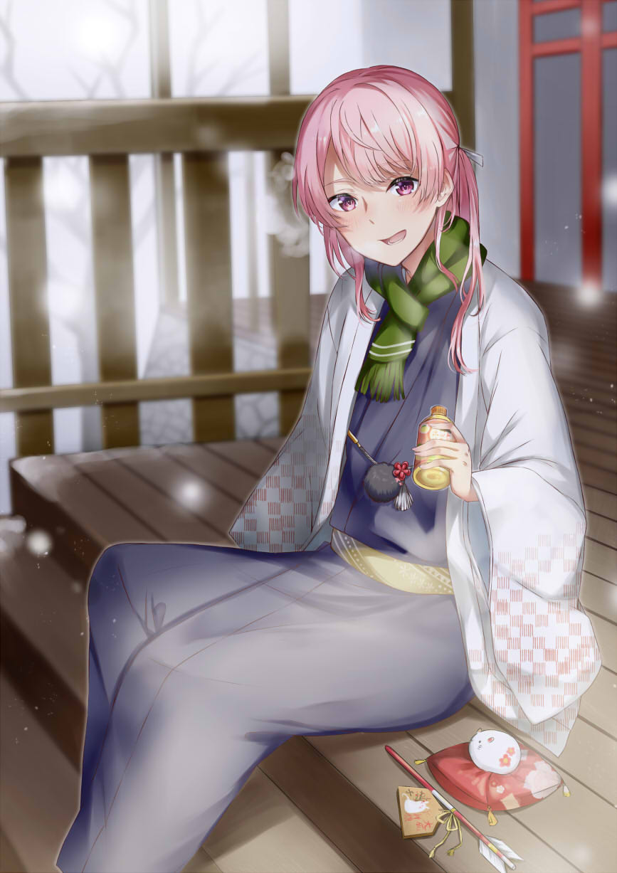 15pafe, 1boy, arrow, bangs, bare_tree, blue_kimono, blurry, blurry_background