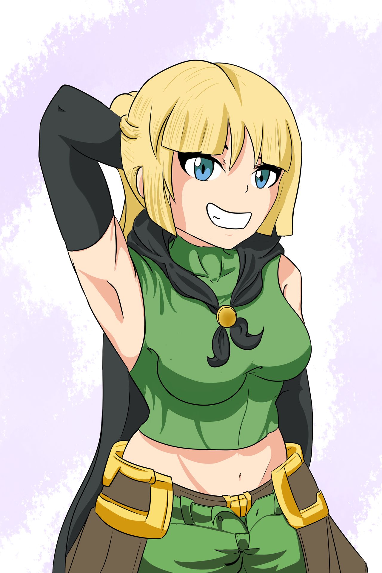 1girl, arm_behind_back, armpit, bag, belt, black_cape, black_gloves, blonde_hair