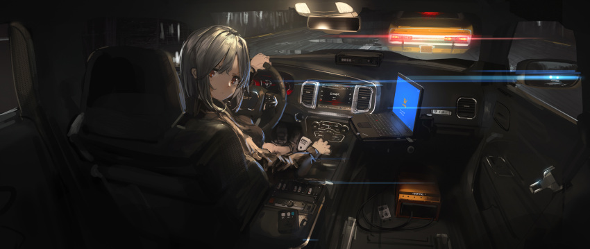 1girl, bangs, black_footwear, breasts, car, computer, driving, gear_shift