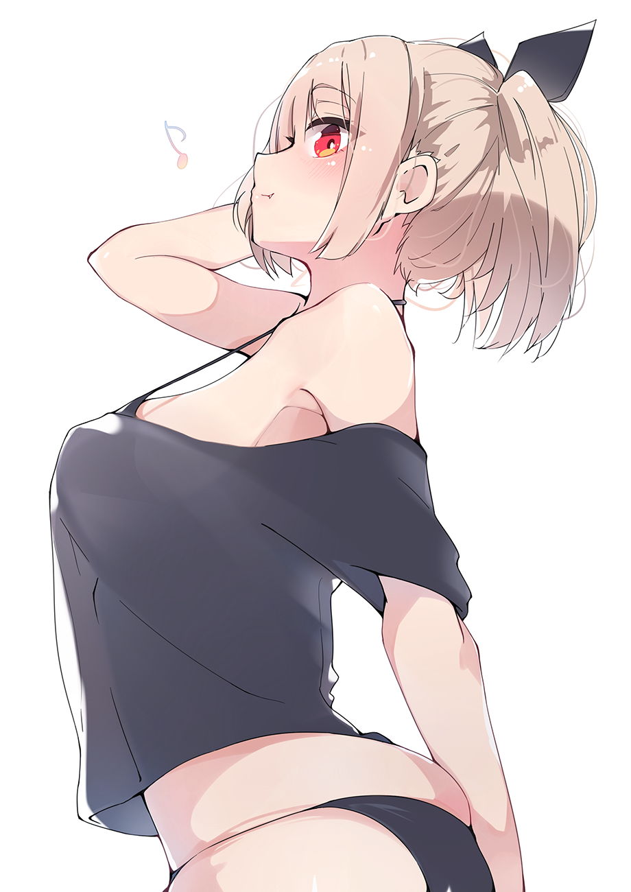 blonde_hair, blush, bra, from_side, hair_ribbon, highres, katuo1129, off_shoulder