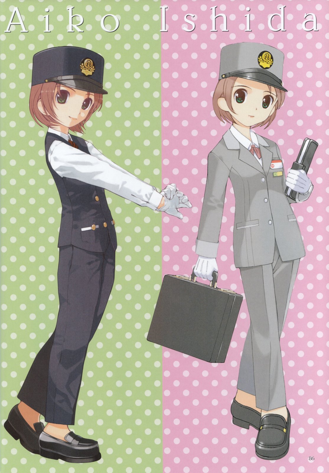 alternate_costume, blazer, briefcase, brown_hair, buttons, crossed_legs, gloves, green_eyes
