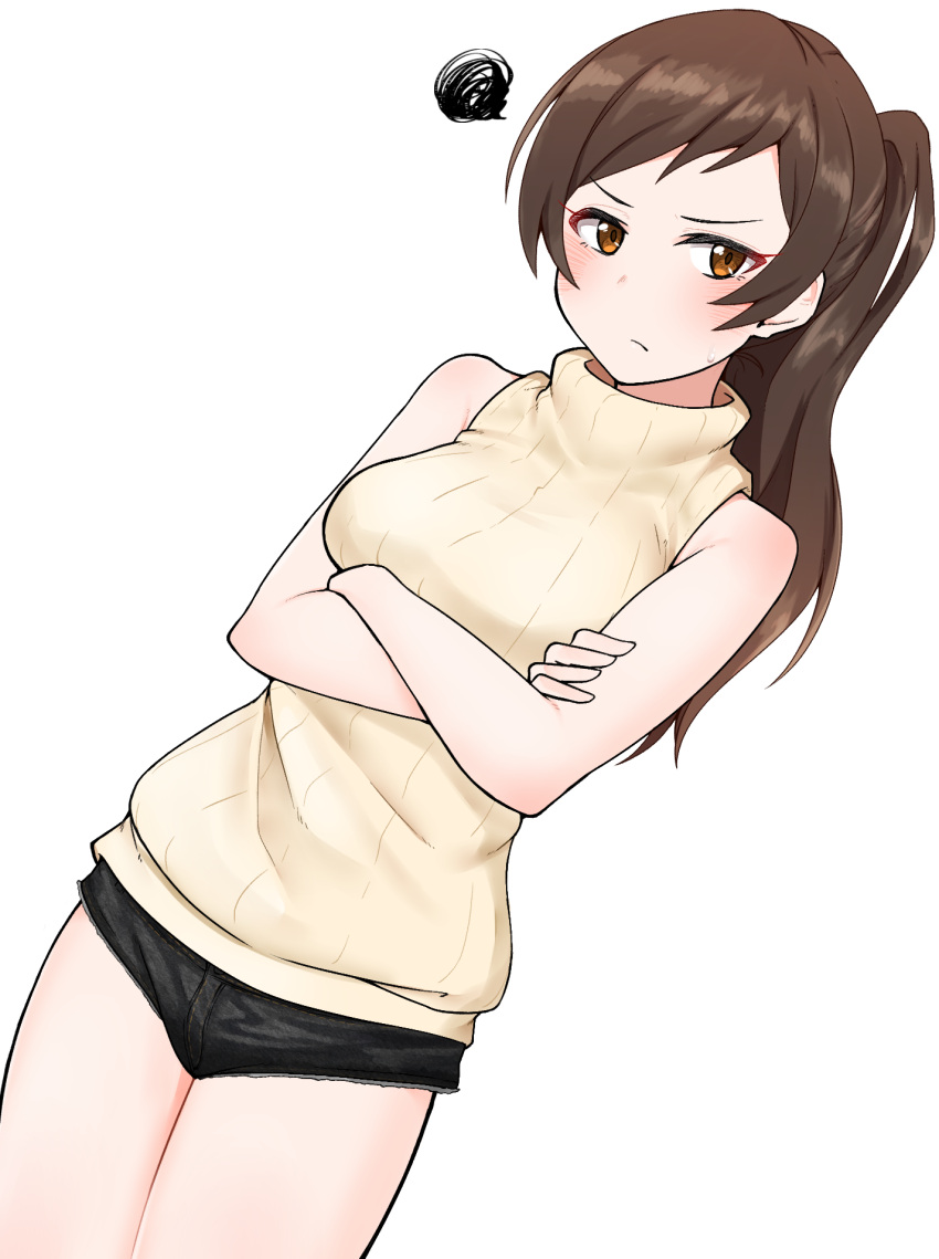 1girl, bangs, bare_shoulders, black_shorts, blush, breasts, brown_eyes, brown_hair