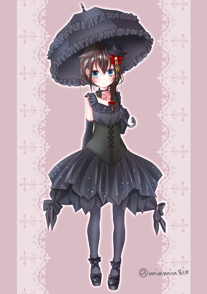 1girl, artist_name, black_skirt, black_umbrella, blue_eyes, braid, brown_hair, choker