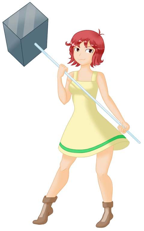 1girl, boots, breasts, brown_eyes, cat_smile, crystal_story, female_focus, hammer