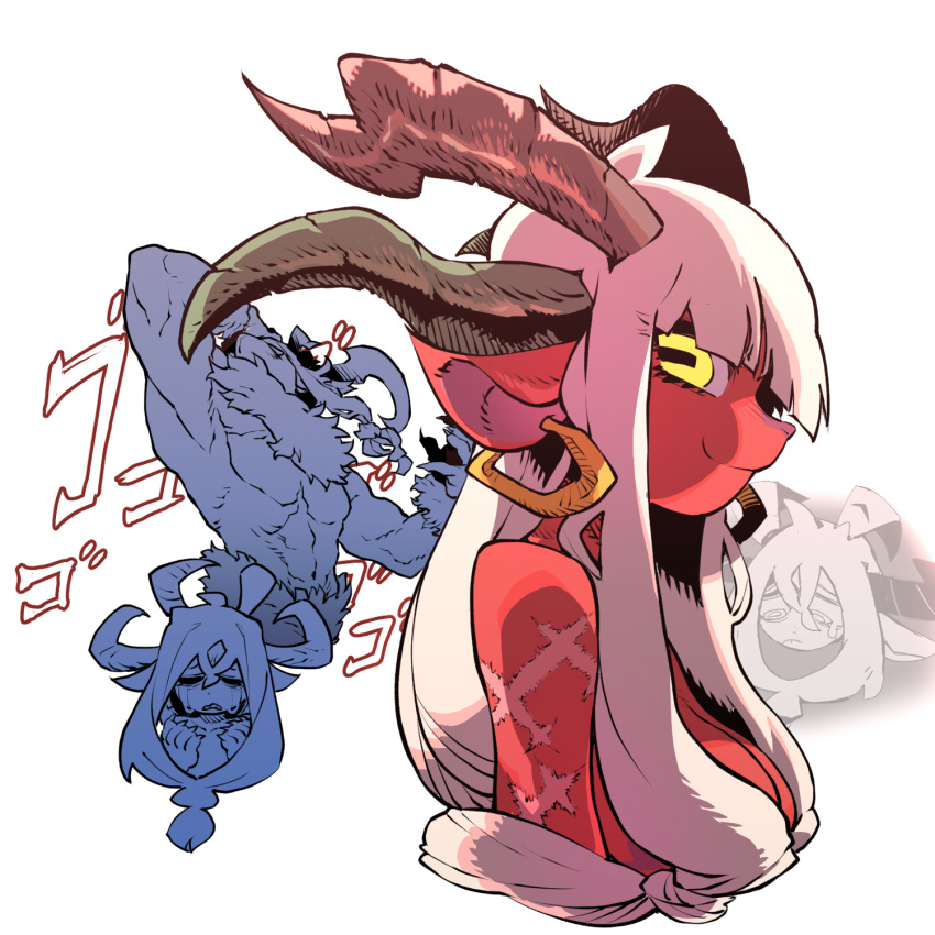 1girl, 2boys, arm_up, armpits, bangs, bare_shoulders, blunt_bangs, closed_eyes