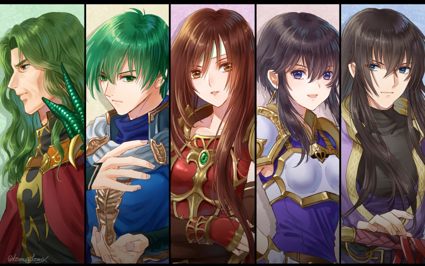2girls, 3boys, altena_(fire_emblem), armor, breastplate, brown_eyes, brown_hair, ced_(fire_emblem)