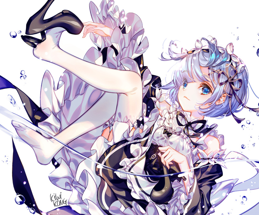 1girl, artist_name, blue_eyes, blue_hair, full_body, hair_ornament, hair_ribbon, high_heels