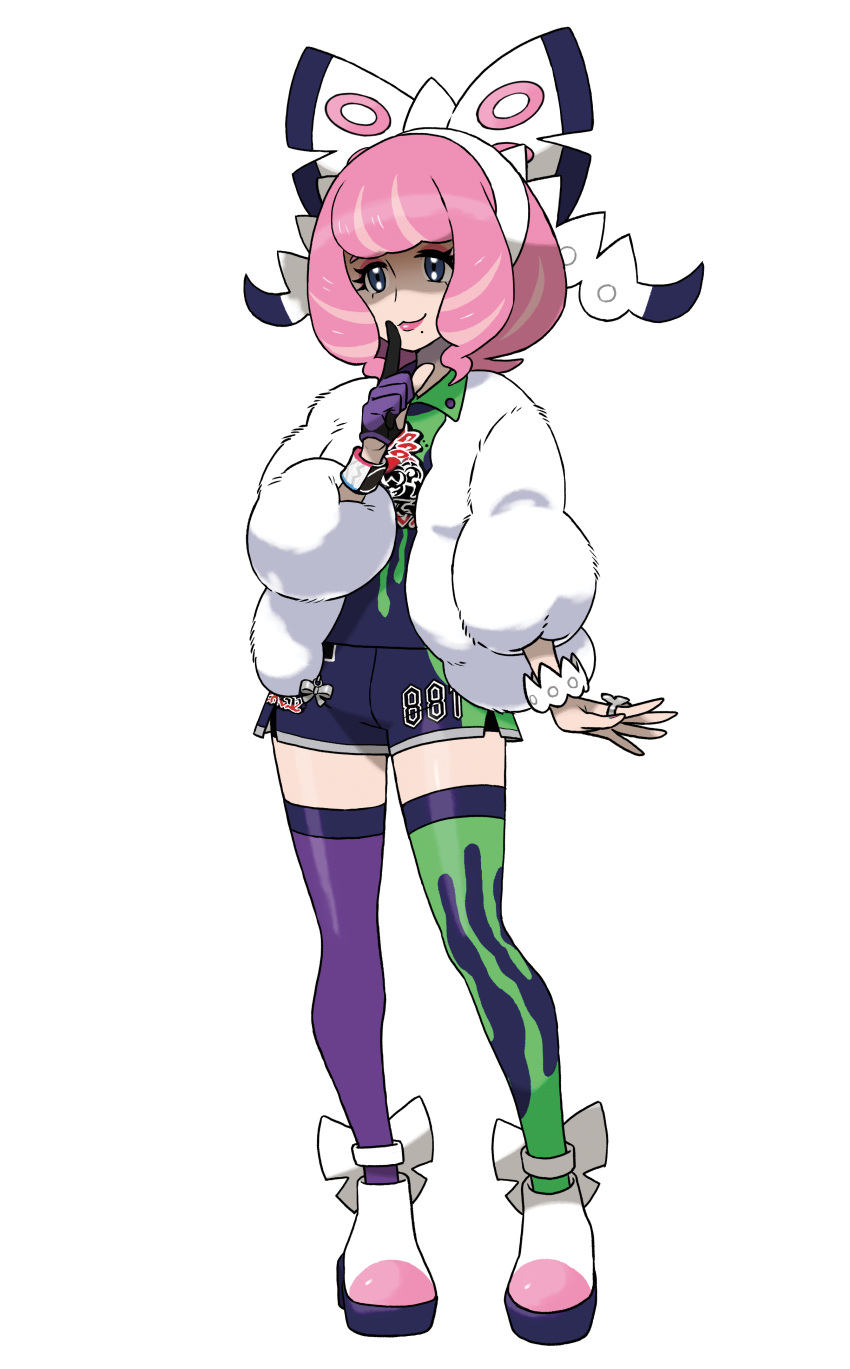 1girl, absurdres, asymmetrical_legwear, bow, eyelashes, finger_to_mouth, fur_coat, gloves