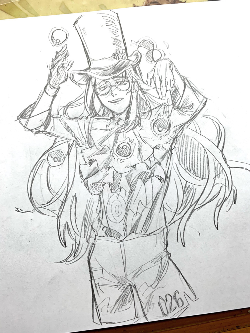 1boy, cravat, glasses, gloves, graphite_(medium), hat, highres, himawari_kappa