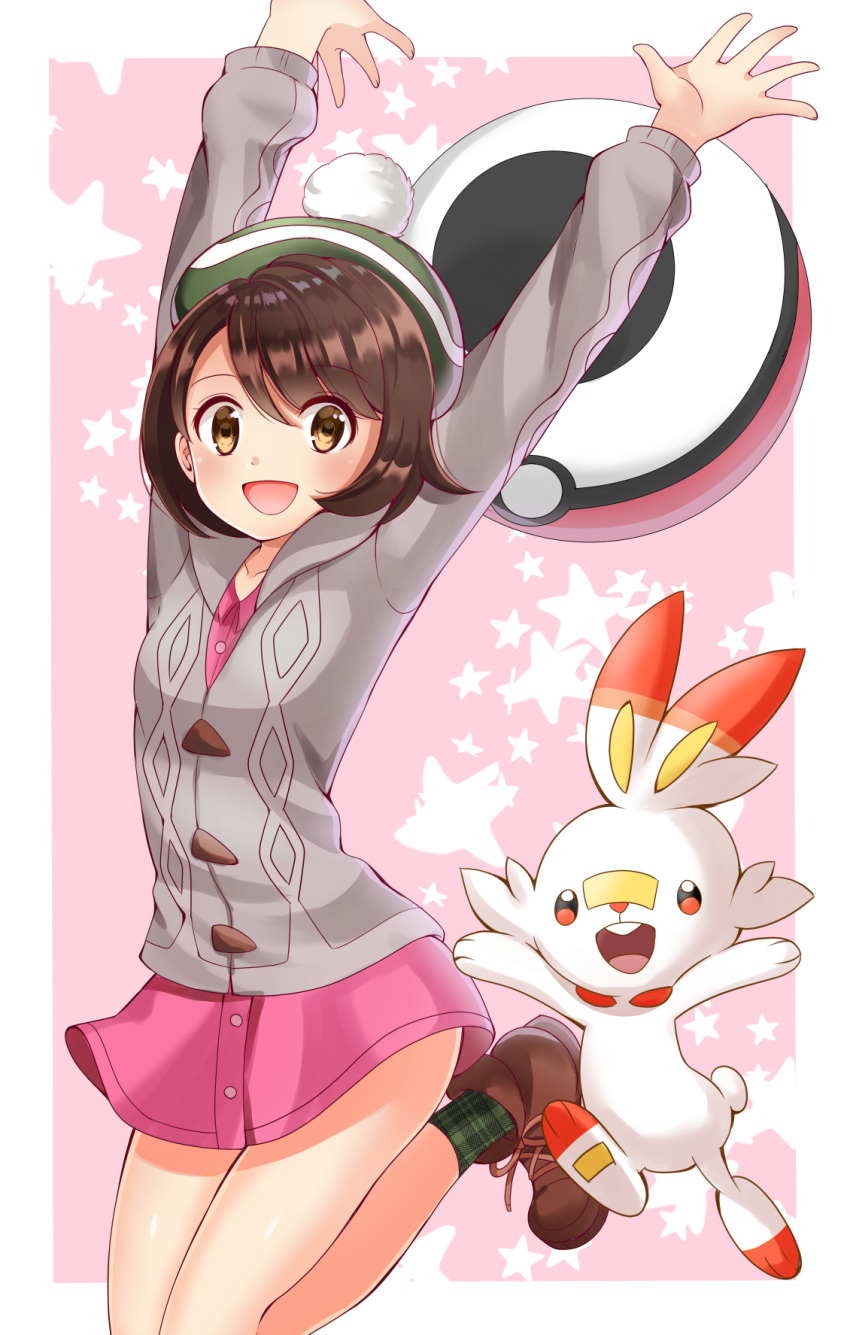 1girl, :d, breasts, brown_hair, commentary_request, creature, gen_8_pokemon, hands_up